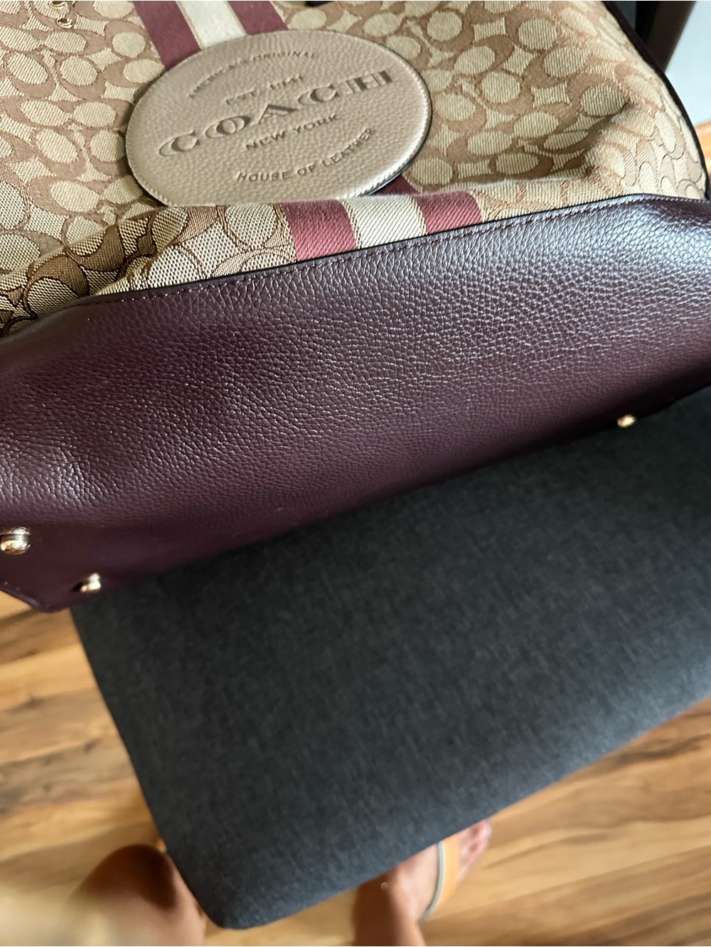 Coach Beige Canvas Tote with Burgundy Stripe and Brown Trim - Picture 7 of 9